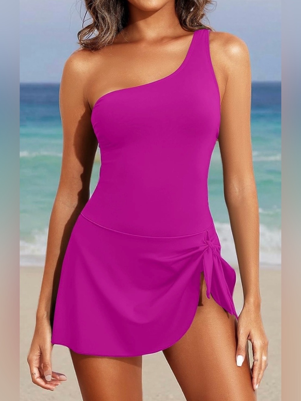 One-Shoulder Magenta Swimdress with Side Tie